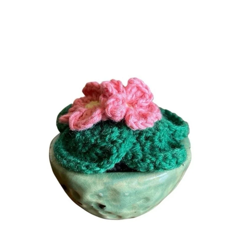 Crochet African Violet in Clay Vase Pink Flowers Handmade Crocheted Plant Decor